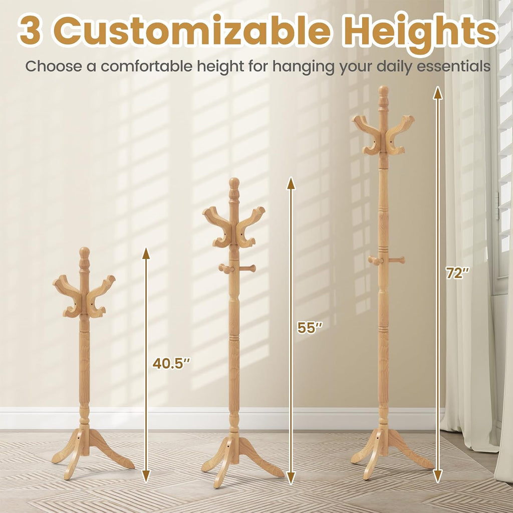 Giantex Solid Wood Coat Rack, Freestanding Hall Tree with 3 Adjustable Heights and 11 Hooks, Rubber Wood Frame, Entryway Hanger Stand, Wooden Garment Rack for Hallway, Living Room (Natural)