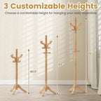 Giantex Solid Wood Coat Rack, Freestanding Hall Tree with 3 Adjustable Heights and 11 Hooks, Rubber Wood Frame, Entryway Hanger Stand, Wooden Garment Rack for Hallway, Living Room (Natural)