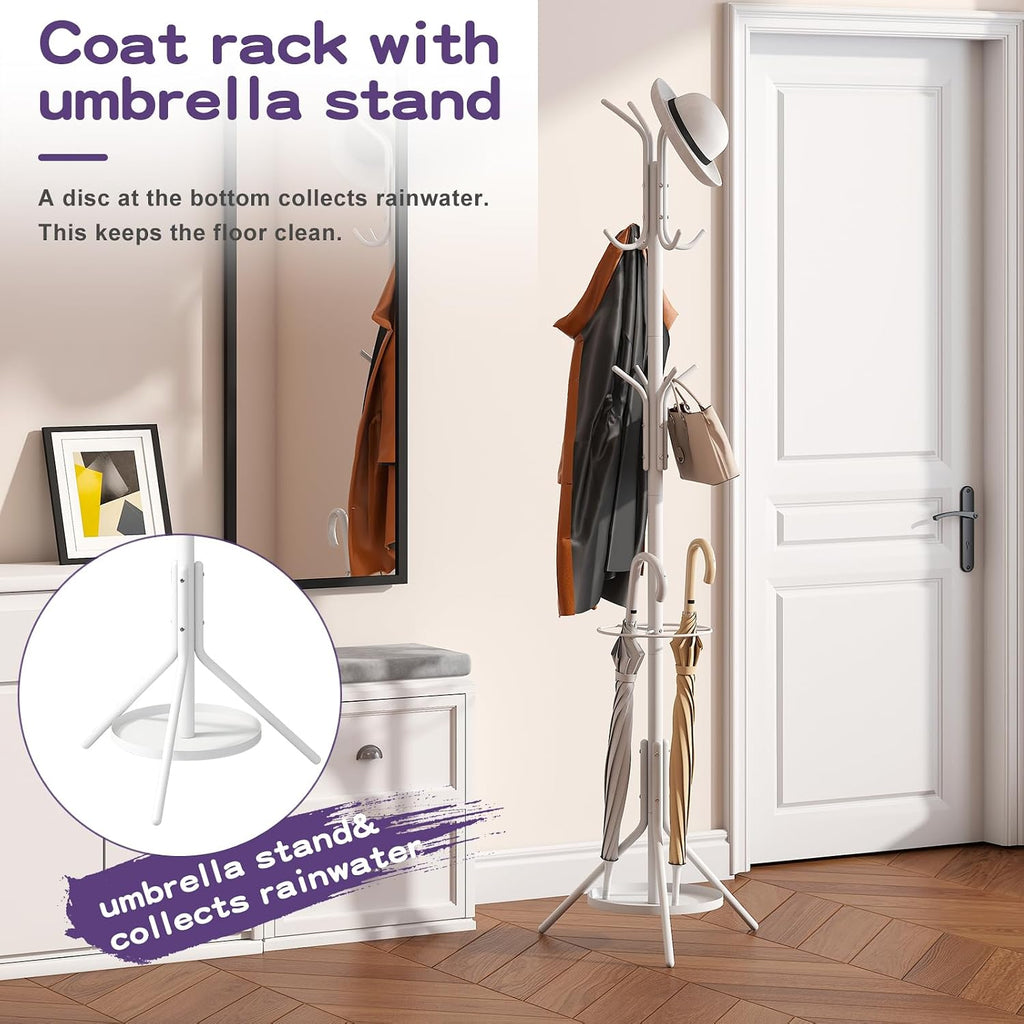 Coat Rack Freestanding Entryway Hanger Stand, Umbrella Holder, Hall Tree With 12 Hooks, Floor Standing Metal Tree Stand, White