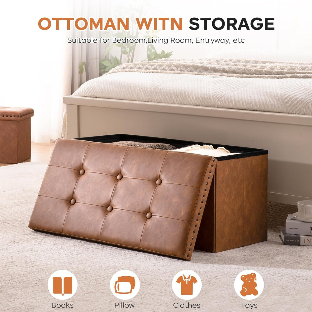 oakvivo 30 Inches Folding Storage Ottoman Bench, PU Leather Tufted End of Bed Bench, Foot Rest with Rivet Design, Ottoman with Storage, Load 330 lb, for Living Room, Bedroom, Entryway, Brown