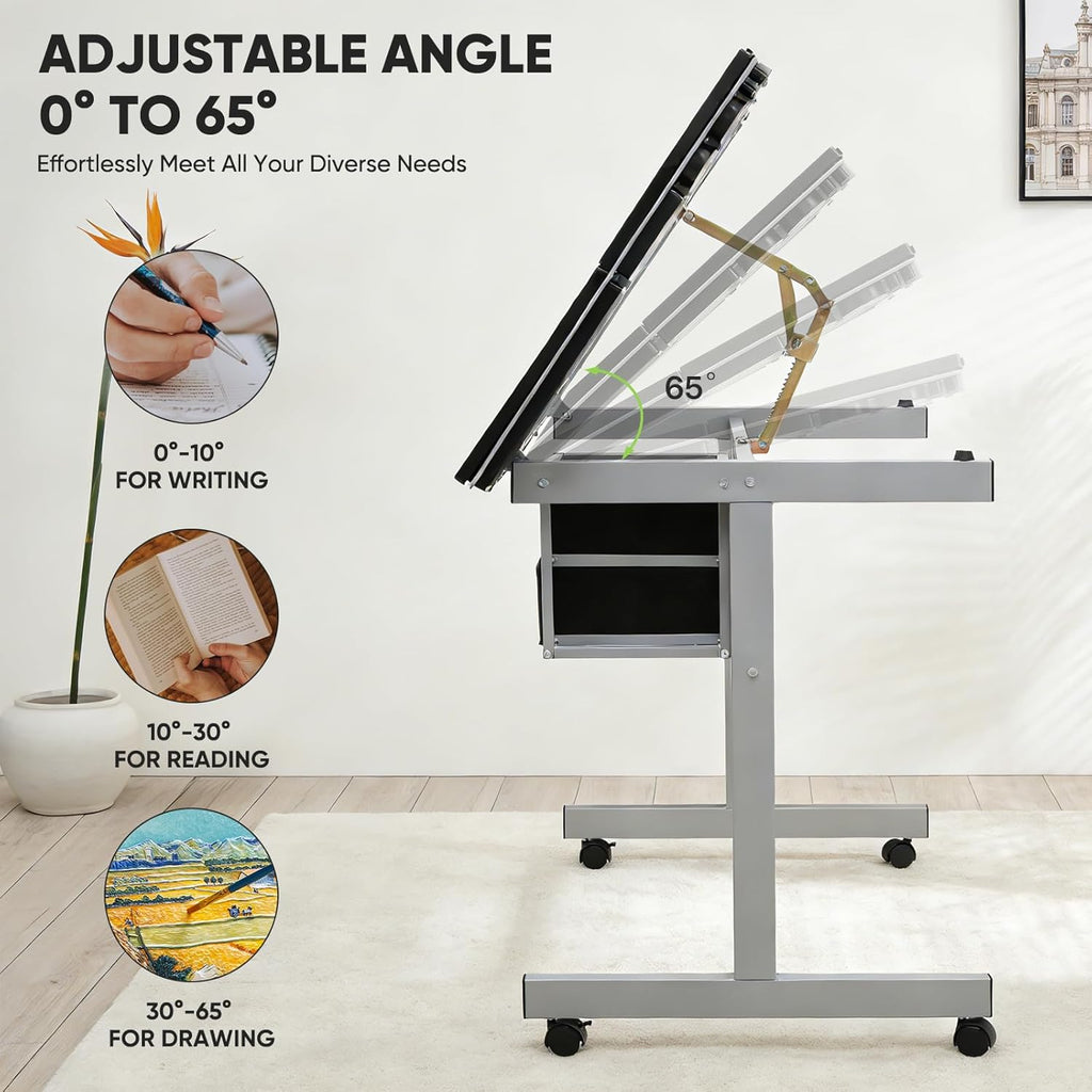 Magshion Professional Drafting Table for Adults Teens, Tilting Glass Tabletop Art Craft Desk Diamond Watercolor Paintings Sketching Work Station for Home Office Reading, Writing, Crafting (Clear)