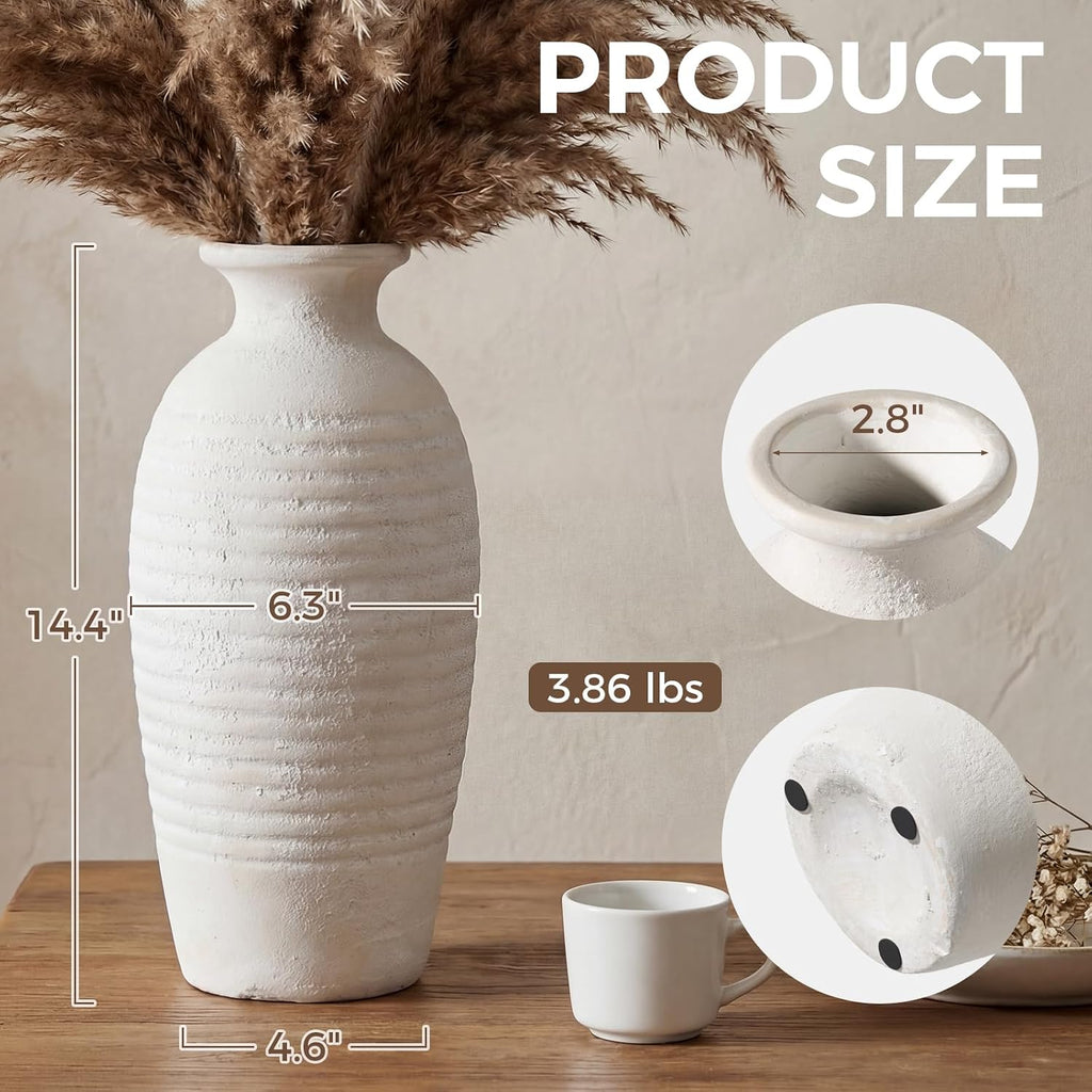 Rustic Ceramic Threaded White Vase, 14.4" H Tall Vases for Centerpieces,Handmade Large Decorative Vase for Living Room Decor,Vintage Farmhouse Pottery Flower Vase for Entryway Fireplace|Off-White