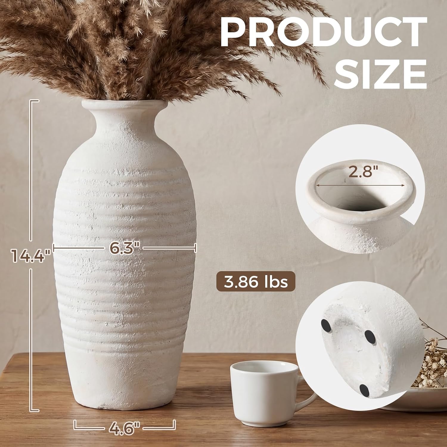 Rustic Ceramic Threaded White Vase, 14.4" H Tall Vases for Centerpieces,Handmade Large Decorative Vase for Living Room Decor,Vintage Farmhouse Pottery Flower Vase for Entryway Fireplace|Off-White
