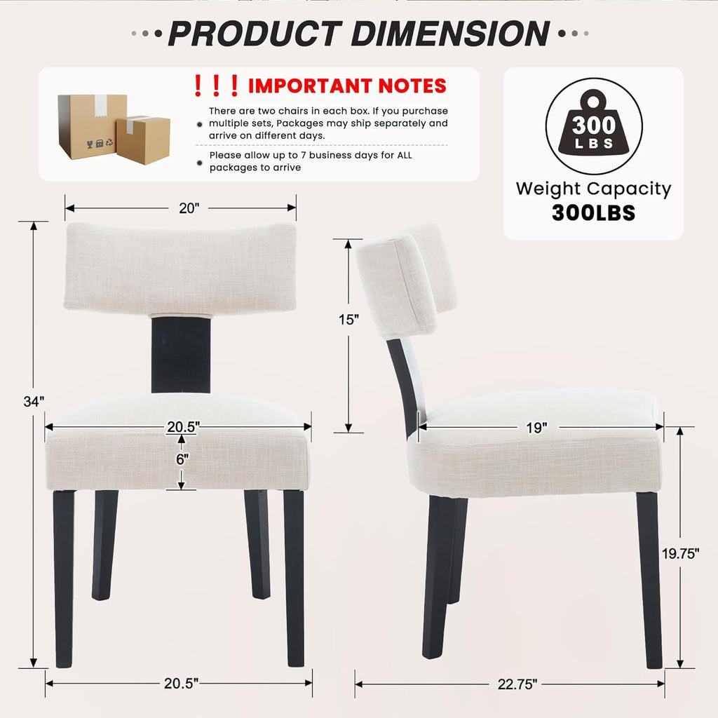 HNY Mid Century Modern Farmhouse Dining Chairs Set of 6, Linen Upholstered Accent Curved Backrest Kitchen Chairs, with Black Hardwood Frame, Beige