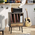Kiasthome Black Record Player Stand with Storage Crate & Drawer, Vinyl Record Storage Cabinet Side Table for Turntable with Solid Wood Legs, for Living Room, Bedroom