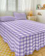 Purple White Checkered Plaid Full Size Ruffle Bed Skirt,Luxury Bedskirt Gradient Buffalo Check Bed Sheet Set with 2 Pillow Shams for Bedroom Decor,18" Tailored Drop Ruffle