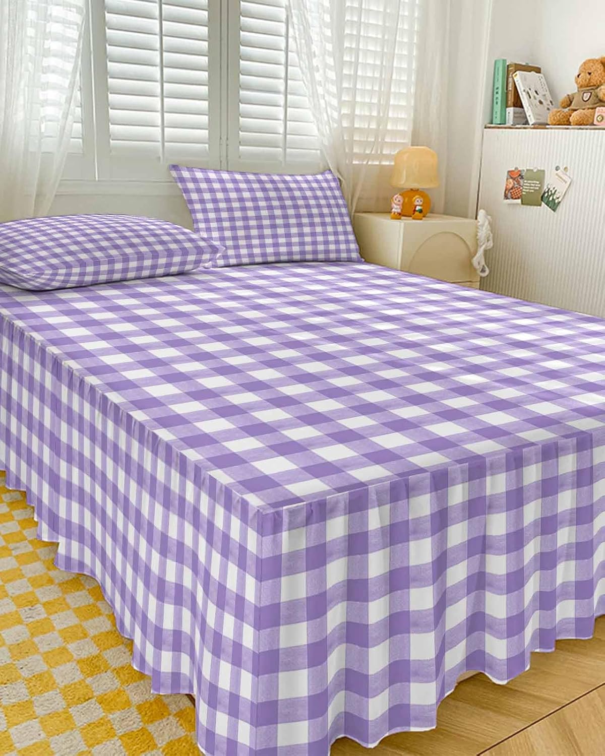 Purple White Checkered Plaid Full Size Ruffle Bed Skirt,Luxury Bedskirt Gradient Buffalo Check Bed Sheet Set with 2 Pillow Shams for Bedroom Decor,18" Tailored Drop Ruffle