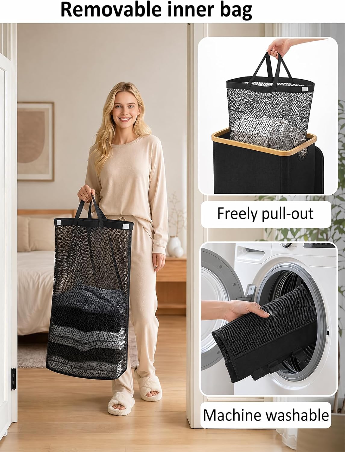 iEGrow Laundry Hamper with Lid, 110L Large Laundry Hamper with Handle and Lid, Collapsible Clothes Basket Organizer with Removable Inner Bag for Clothes Towels - Black