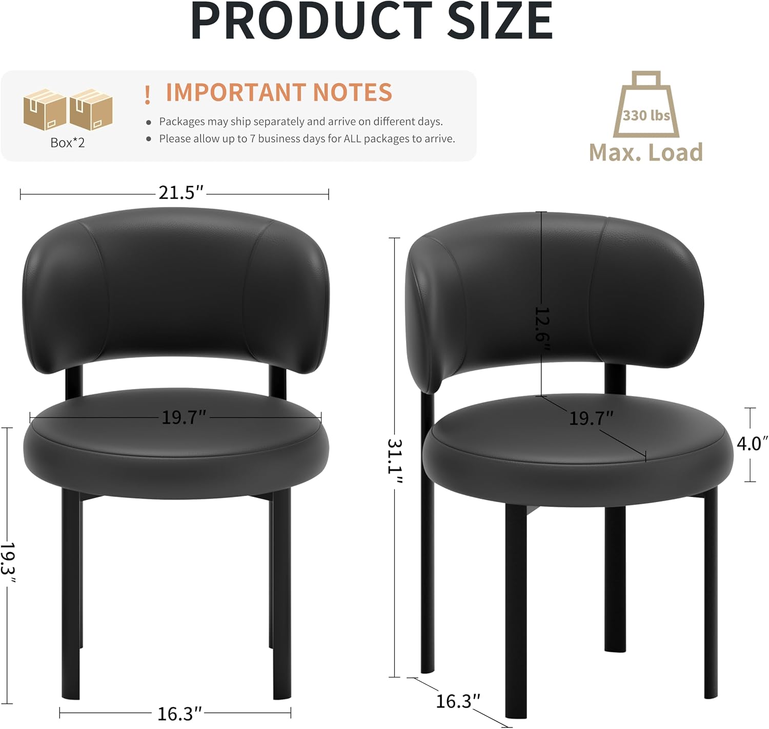 Black Dining Chairs Set of 4 Upholstered Leather Dining Chair with Curved Backrest, Mid Century Modern Chair with Metal Frame, Comfortable Chairs for Kitchen and Dining Room, Restaurant,Bar (Black-4)