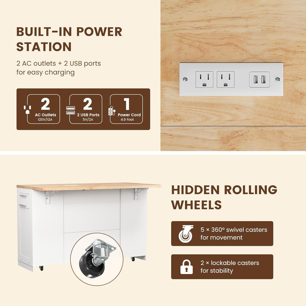 Dripex 53'' Rolling Kitchen Island with Power Outlet, Drop Leaf & Trash Can Storage, Large Island Cart on Wheels with Rubberwood Top, 4 Drawers, Open Shelves, for Kitchen, Dining Room (White)