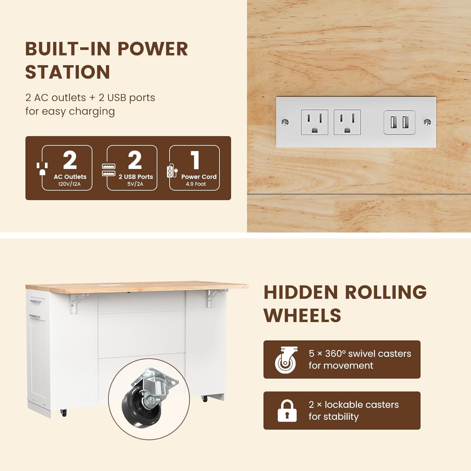 Dripex 53'' Rolling Kitchen Island with Power Outlet, Drop Leaf & Trash Can Storage, Large Island Cart on Wheels with Rubberwood Top, 4 Drawers, Open Shelves, for Kitchen, Dining Room (White)