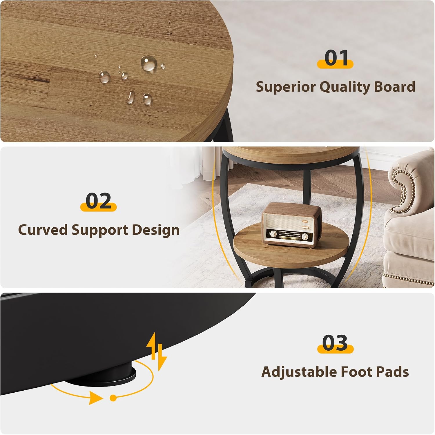 Round End Table Set of 2, 2 Tier Industrial Side Table, Nightstand with Metal Frame, Accent Bedside Table with Storage Shelves for Living Room, Bedroom, Small Spaces, Light Brown & Black
