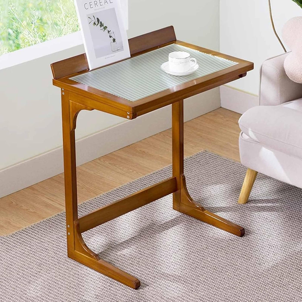 C Shaped End Table with Glass Top, Bamboo Sofa Side Table, Laptop Desk, Snack Table for Living Room and Balcony