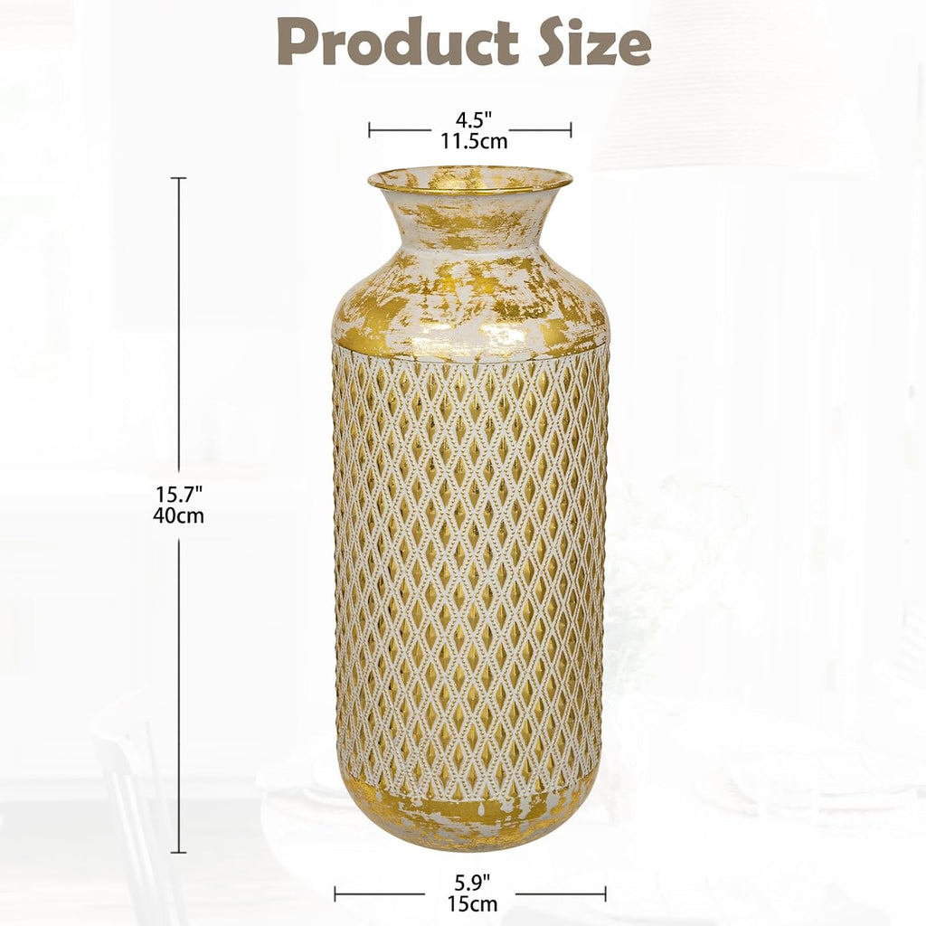 Flower Vase Rustic Metal Vases, 16" Gold Vintage Pattern Vase for Farmhouse Home Décor Artificial Flowers and Centerpieces