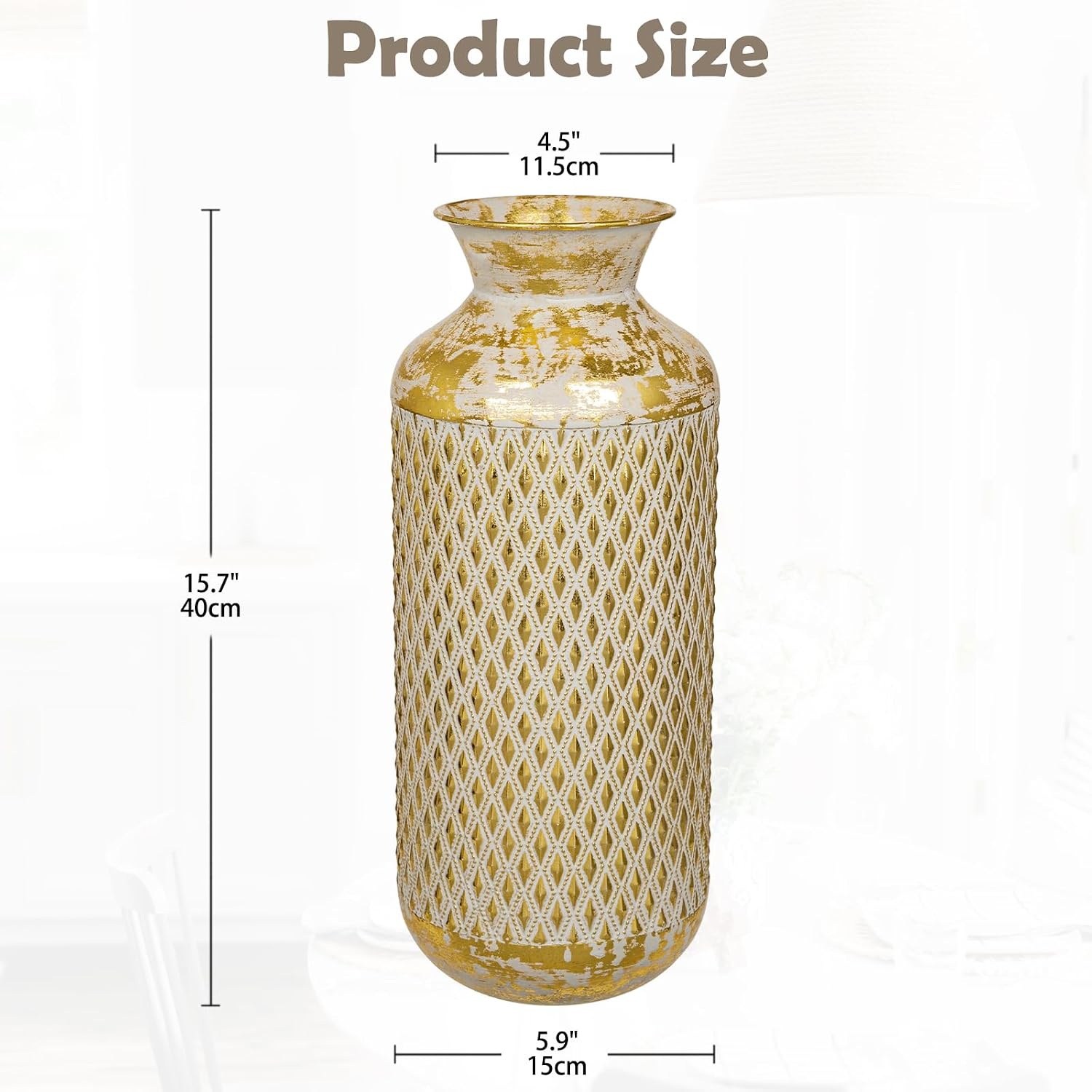 Flower Vase Rustic Metal Vases, 16" Gold Vintage Pattern Vase for Farmhouse Home Décor Artificial Flowers and Centerpieces