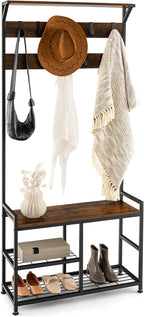 Tangkula Coat Rack Shoe Bench, 3-in-1 Industrial Hall Tree w/Storage Bench & 9 Hanging Hooks, 3-Tier Wood Look Entryway Bench w/Metal Frame, Adjustable Foot Pads for Dorm, Apartment, Hall, Brown