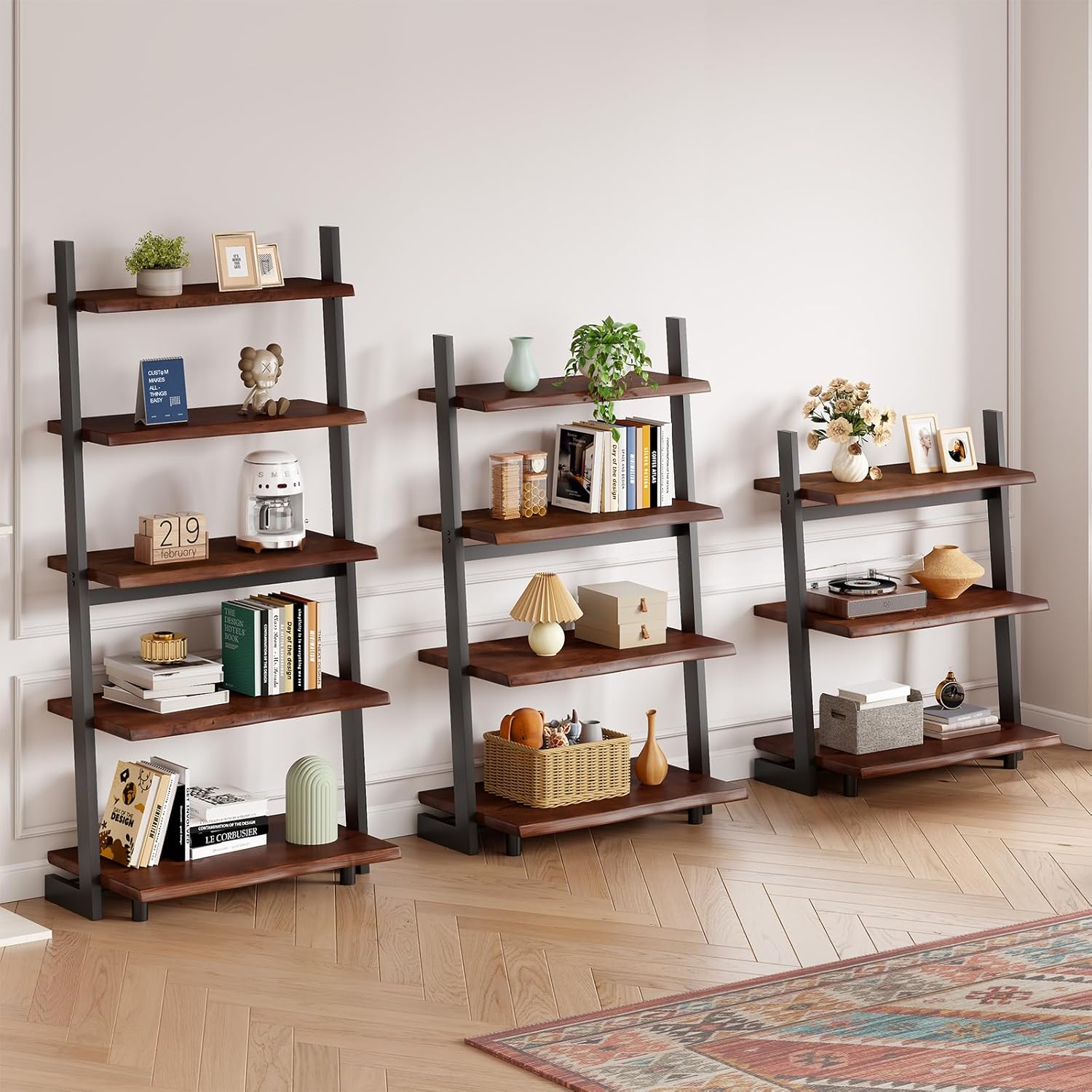 IBF 5-Tier Solid Wood Ladder Bookshelf with Natural Live Edge, Rustic Walnut Storage & Display Leaning Bookcase, Modern Space-Saving Shelf for Living Room, Bedroom, Home Office