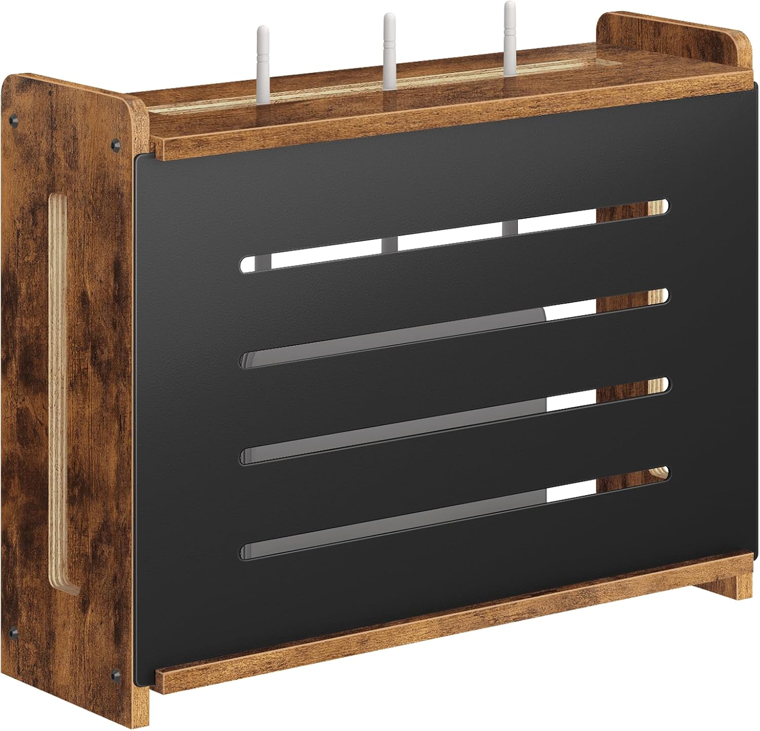 Homode Wooden WiFi Router Box Hider, Wall Mount or Tabletop Router Shelf with Metal Frame, Decorative Modem & Power Strip Storage Cabinet, Internet Cable Management Organizer, Rustic Brown