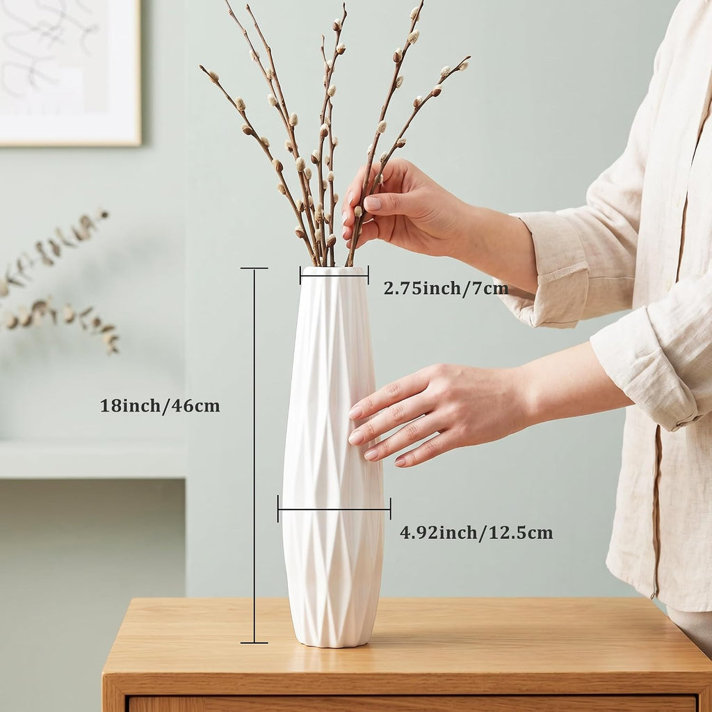 White Ceramic Vase, 18" Tall Vase for Floor Table Decorative Large Vases for Living Room Modern Home Decor Office Bedroom, Big Standing Flower Vase with Glossy Glaze
