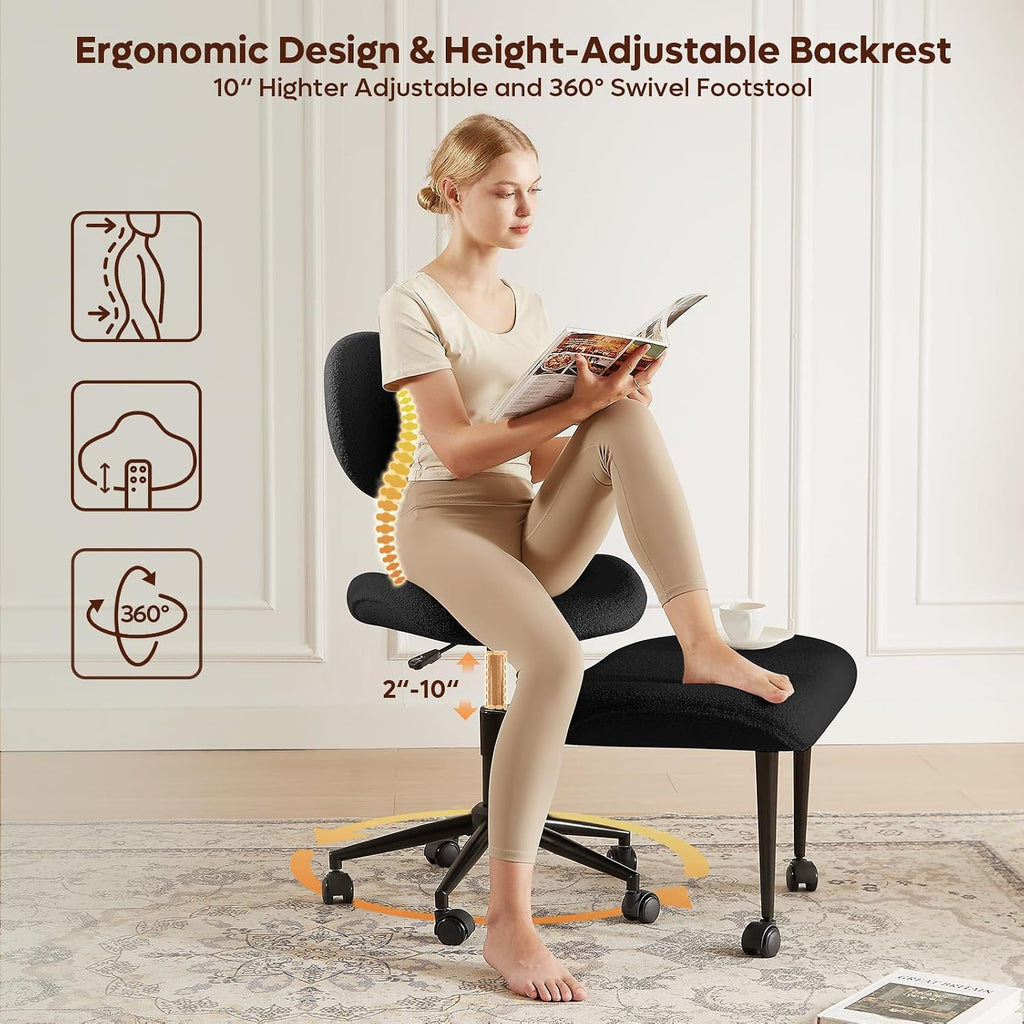 Cross Legged Office Chair with Wheels for ADHD, Ergonomic 360° Swivel Height-Adjustable Meditation Chair for Yoga, Wide Kneeling Chair with Strong Lumbar Support, Teddy Fabric, Black