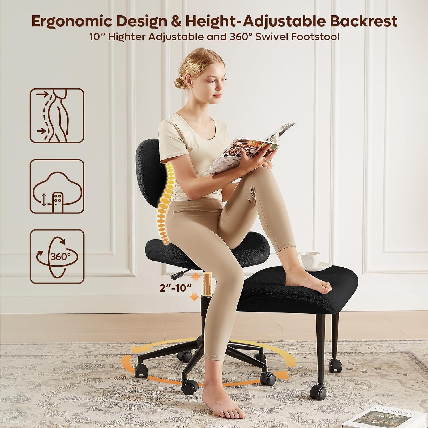 Cross Legged Office Chair with Wheels for ADHD, Ergonomic 360° Swivel Height-Adjustable Meditation Chair for Yoga, Wide Kneeling Chair with Strong Lumbar Support, Teddy Fabric, Black