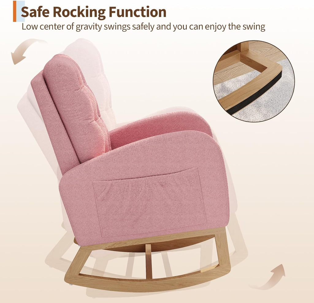 Modern Nursery Rocking Chair – High Backrest, Sturdy Wooden Legs, Soft Pink Lambswool Upholstery, Ergonomic Glider with Side Pocket, Cozy Accent Chair, Pink Lambswool Without Footrests