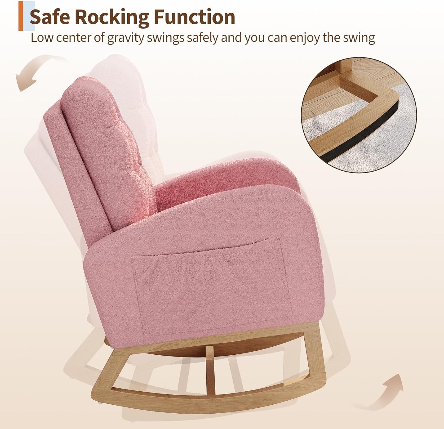 Modern Nursery Rocking Chair – High Backrest, Sturdy Wooden Legs, Soft Pink Lambswool Upholstery, Ergonomic Glider with Side Pocket, Cozy Accent Chair, Pink Lambswool Without Footrests