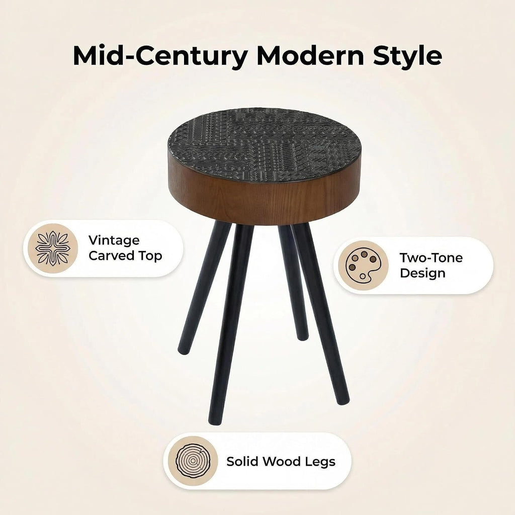 15.7" Round Side Table with Carved Top, Compact Accent Table, Small Drink Tables, Multi-Functional Nightstand, Solid Wood Legs, Countryside Style, Ideal for Living Room, Bedroom, Black and Walnut