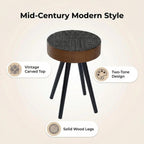 15.7" Round Side Table with Carved Top, Compact Accent Table, Small Drink Tables, Multi-Functional Nightstand, Solid Wood Legs, Countryside Style, Ideal for Living Room, Bedroom, Black and Walnut