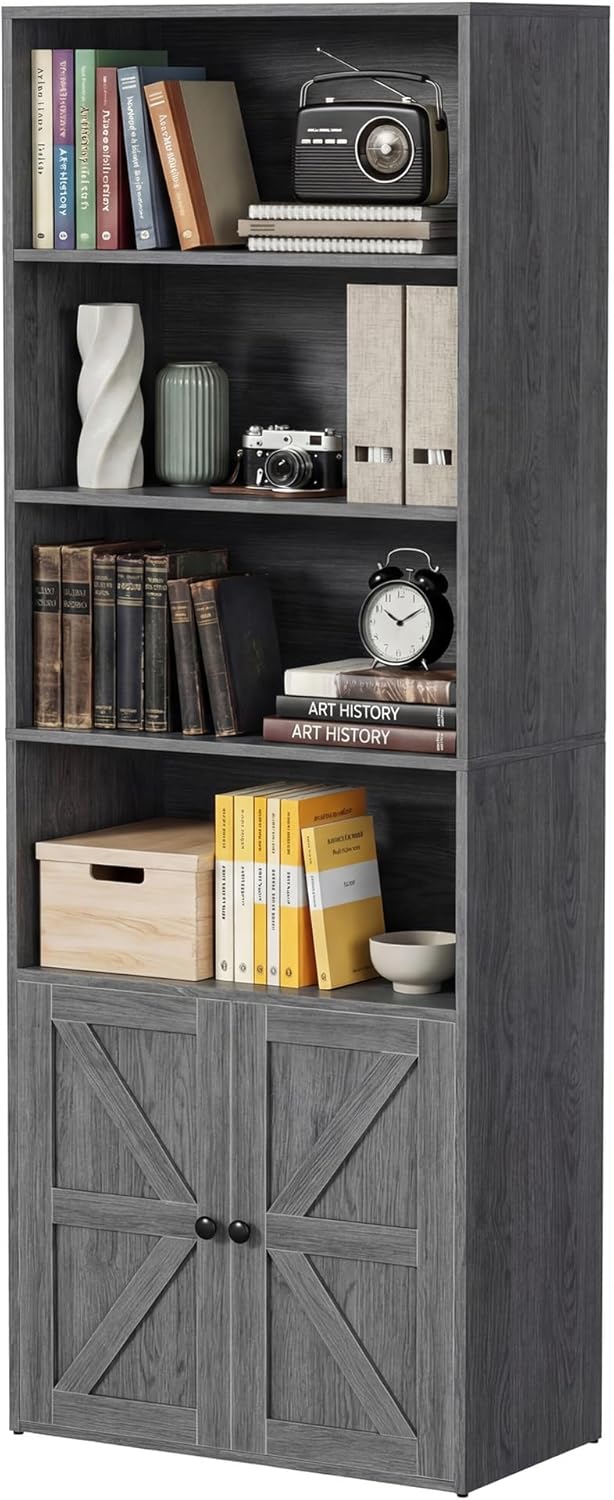 YESHOMY Farmhouse Bookshelf and Bookcase with Storage, 71.5" Tall Industrial Bookshelves and Bookcases with Doors, 4-Tier Floor Standing Tall Display Cabinet for Home Office, Living Room, Gray, 1 PCS