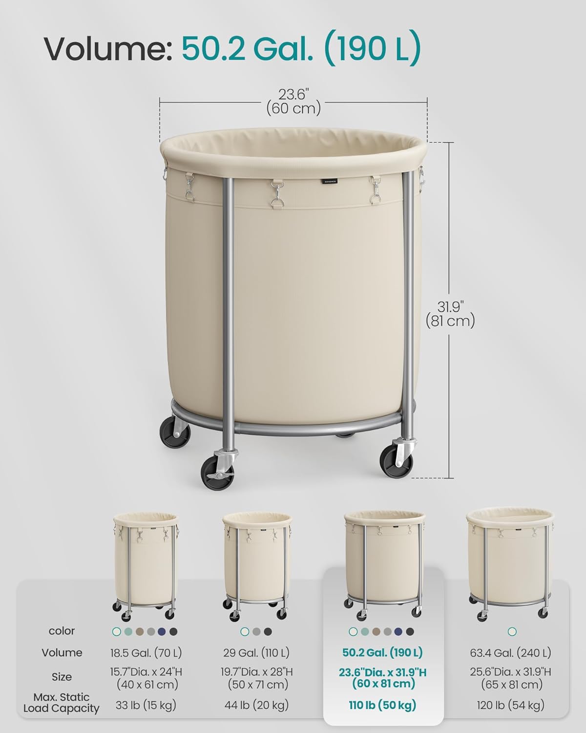 SONGMICS 50.2-Gallon (190 L) Laundry Basket with Wheels, Rolling Round Heavy-Duty Laundry Hamper Cart with Steel Frame and Removable Bag, 2 Locking, White and Metallic Silver, URLS01MZ
