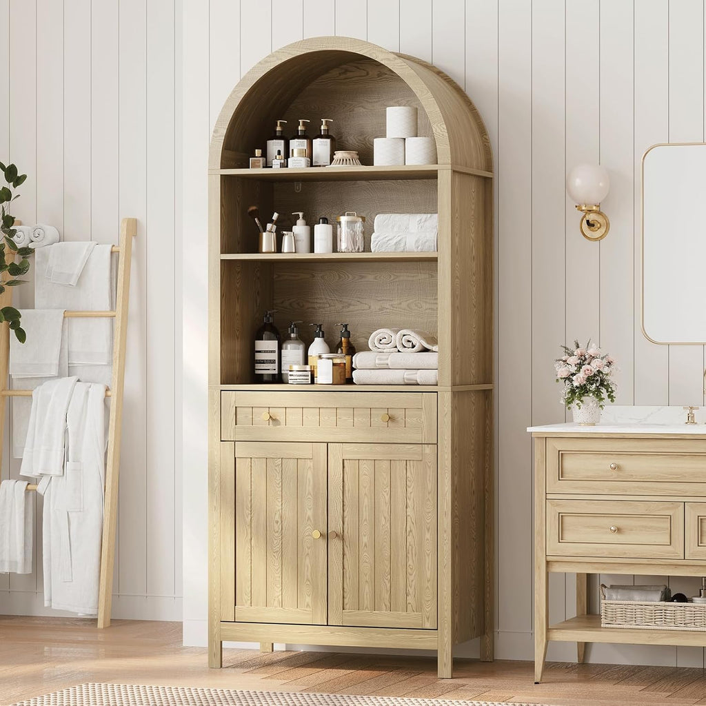 73 Inch Tall Arched Farmhouse Storage Cabinet, Freestanding Accent Cabinet with Magnetic Soft-Close Doors, 4-Position Adjustable Shelves, Anti-Tip Reinforced Frame & Leveling Feet, Rustic Wooden Cupbo