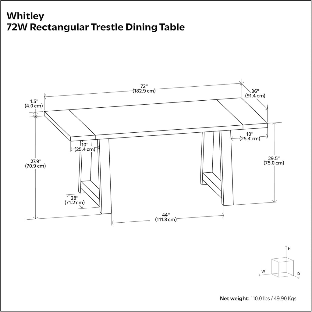 SIMPLIHOME Whitley Dining Table - 72 inch Wide Solid Mango Wood Rectangular Table in Black, Modern Farmhouse Style for Dining Room or Kitchen with Extra-Thick Trestle Base, Seats 6