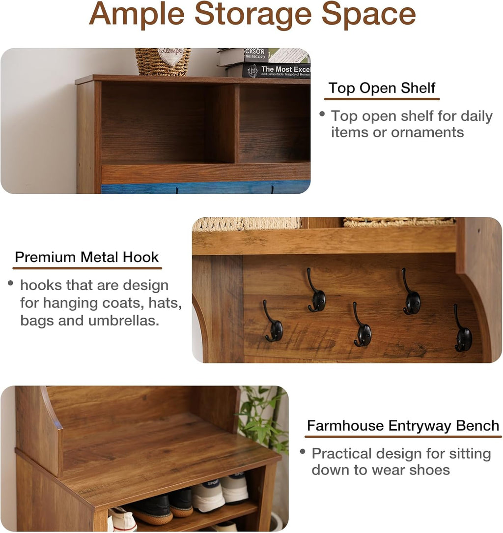 HOMMPA 24" Hall Tree with Bench and Shoe Storage, 5-in-1 Entryway Hall Tree with LED Light, 5 Tri-Hooks, Shoe Cabinet & Open Compartment, Farmhouse Style Mudroom Storage Bench w/Coat Rack for Hallway