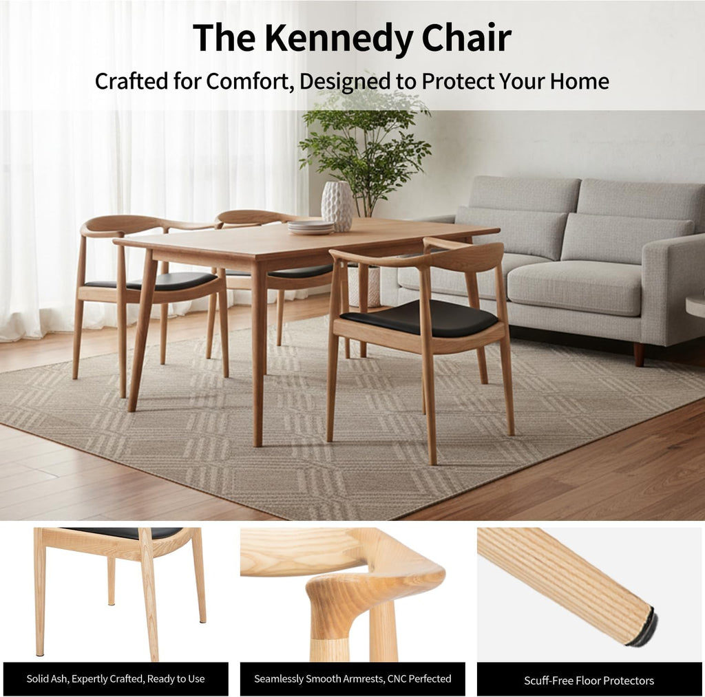 Tomile Hans Wegner Kennedy Chair, Mid Century Modern PU Leather Dining Armchair with Comfortable Curved Backrest, Solid Ash Wood Frame, Fully Assembled for Kitchen, Dining Room, Office (Natural)