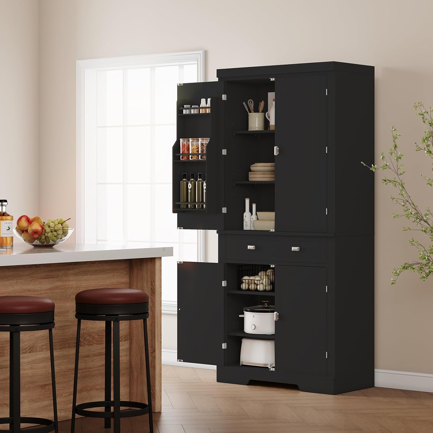 72" Kitchen Pantry Storage Cabinet, Utility Freestanding Food Pantry with 2 Drawer & 6 Door Shelves, Modern Wood Tall Cupboard with 4 Adjustable Shelves for Dining Room, Living Room, Kitchen,Black
