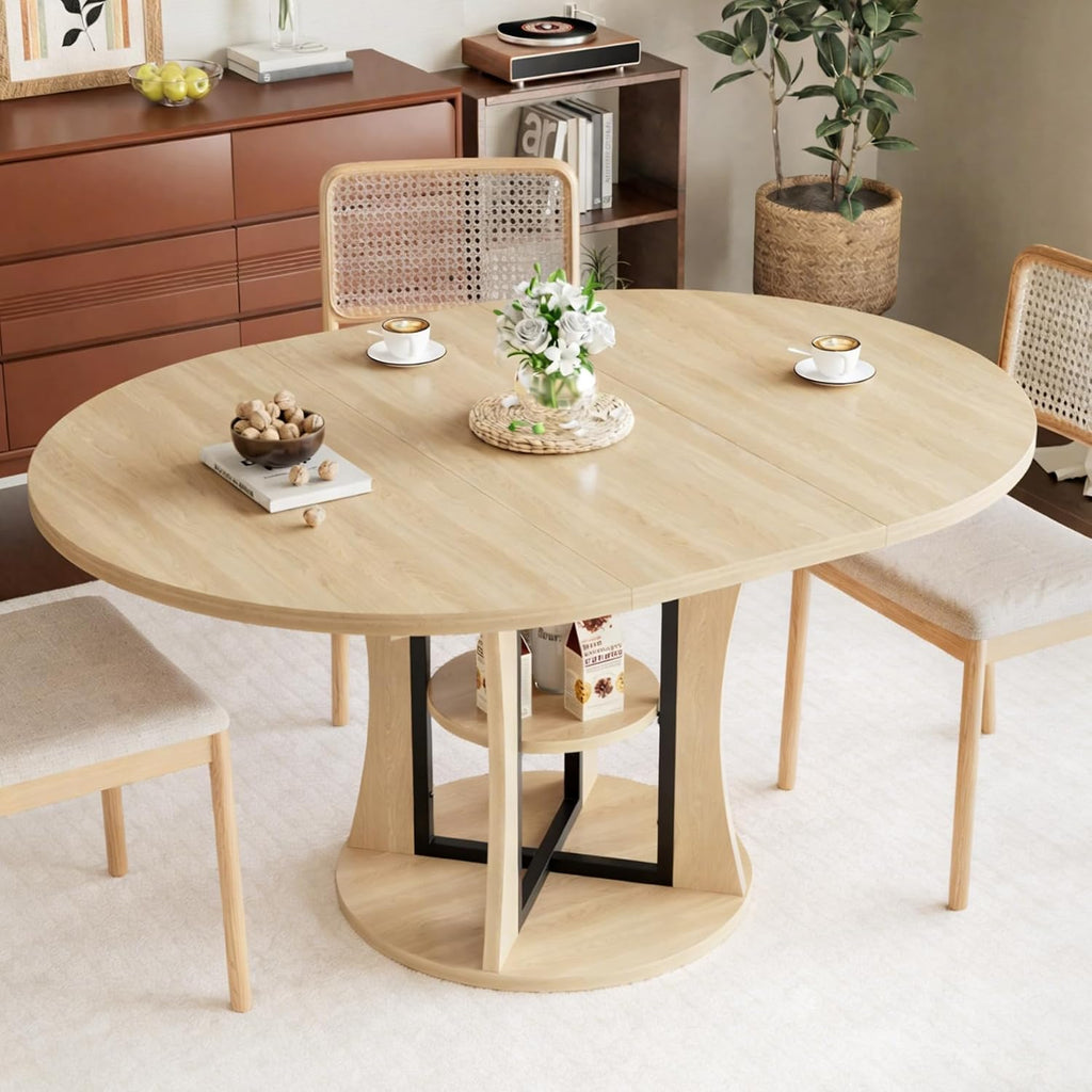 AwayHome 43.3''-59'' Extendable Round Dining Table for 4-8, Modern Kitchen Expandable Dining Table with Storage, Space Saving Circle Oval Kitchen Table with Leaf for Dining Room Living Room