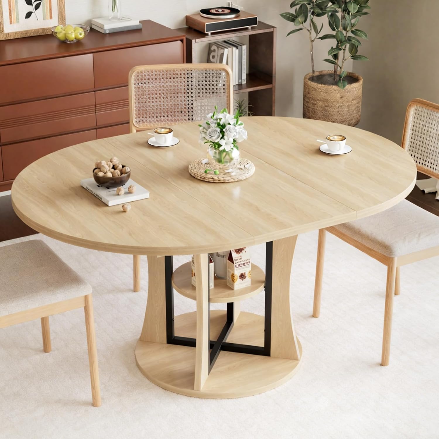 AwayHome 43.3''-59'' Extendable Round Dining Table for 4-8, Modern Kitchen Expandable Dining Table with Storage, Space Saving Circle Oval Kitchen Table with Leaf for Dining Room Living Room