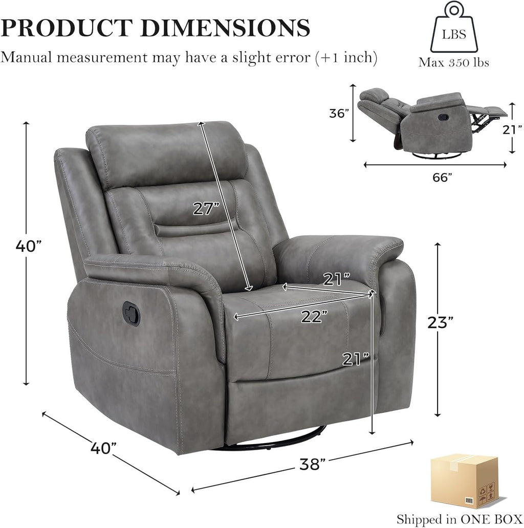 Bonzy Home 360° Swivel Rocker Recliner Chair for Adults, Manual Faux Leather Reclining Chair with Ergonomic Backrest, Glider Rocking Nursery Single Sofa for Living Room, Bedroom, Grey