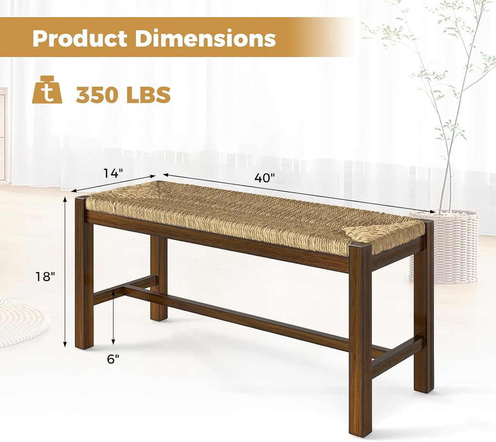GOFLAME 40” Dining Bench, Farmhouse Boho Entryway Bench with Woven Seagrass Seat, End of Bed Bench with Rubber Wood Frame, Accent Indoor Bench for Bedroom, Dining Room, Living Room, Hallway