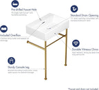 Eridanus 24"x16" Console Bathroom Sink, Free Standing 30 Inch Chrome Steel Support Pedestal Legs, Wall Mount White Vessel Ceramic Vanity Basin Modern Rectangular Sinks Porcelain, Brushed Gold