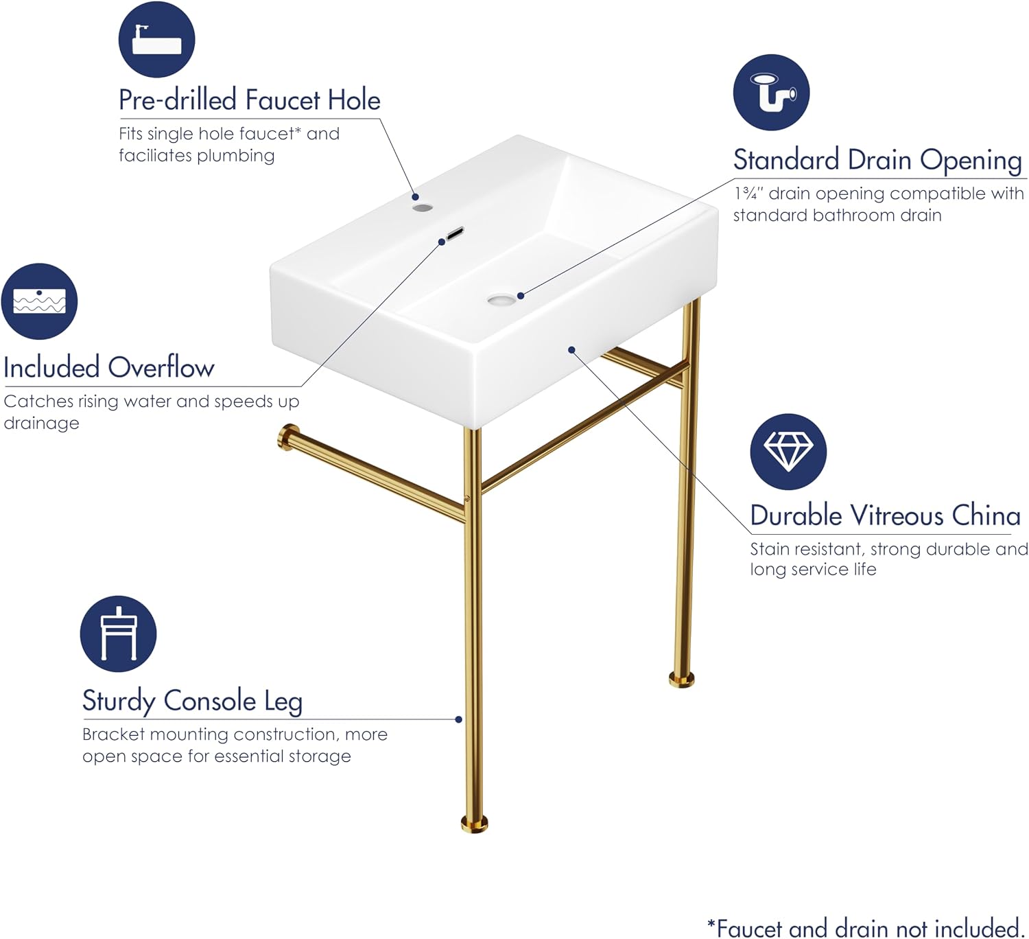 Eridanus 24"x16" Console Bathroom Sink, Free Standing 30 Inch Chrome Steel Support Pedestal Legs, Wall Mount White Vessel Ceramic Vanity Basin Modern Rectangular Sinks Porcelain, Brushed Gold