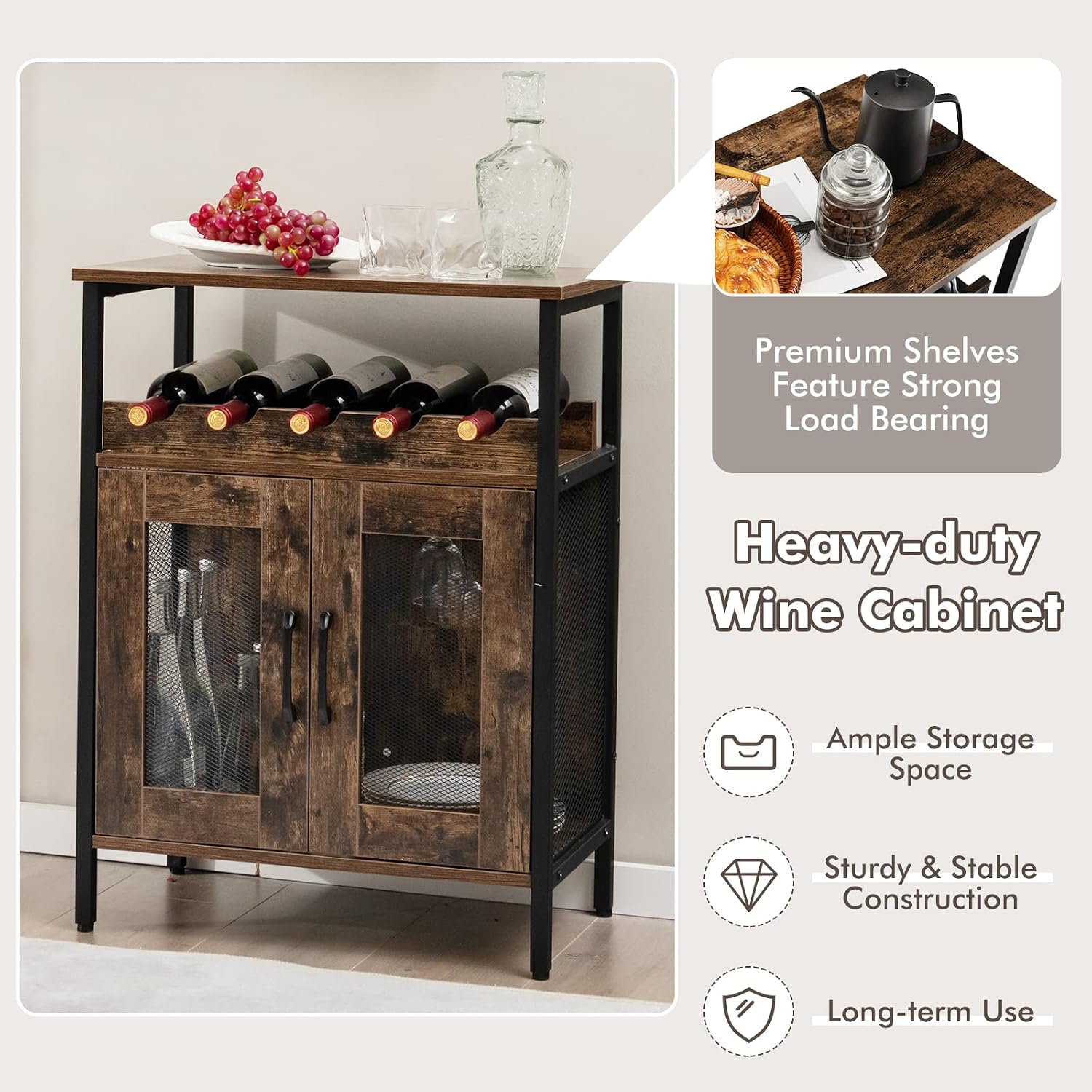 TANGZON Wine Bar Cabinet, Drinks Storage Sideboard with Glass Holder and Removable Bottle Shelf, Freestanding Organizer Cupboard Unit for Home Kitchen