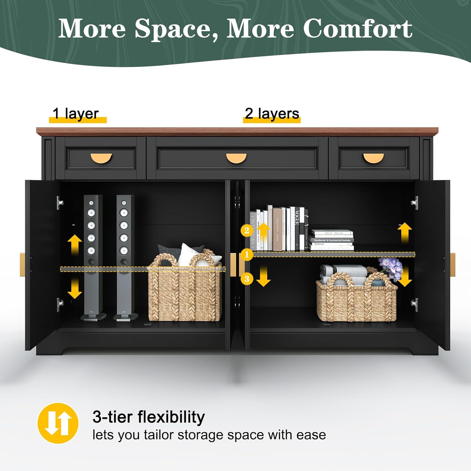 HLR 60” Large Buffet Sideboard Cabinet with 4 Doors and 3 Drawers Shaker Style, Coffee Bar Storage Cabinet for Dinning Room, Kitchen, Living Room, Black