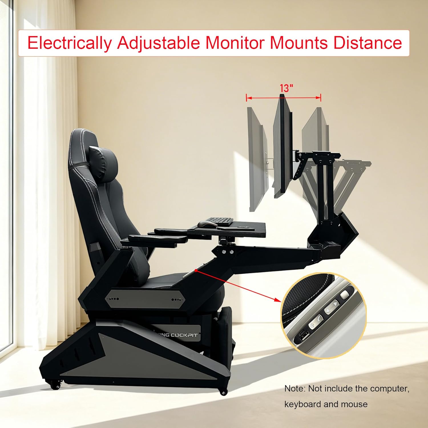KING COCKPIT Zero-Gravity Reclining Chair for PC Gaming, Sim Racing &Home Office, Workstation with Electrically Adjustable Monitor Distance,Adjustable Keyboard Tray&Cup Holder-Black