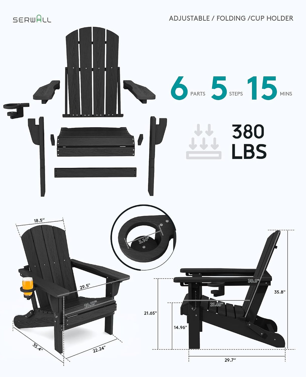 SERWALL Folding Adirondack Chair Set of 2, Adjustable Adirondack Chair with 3 Recline Positions, All Weather HDPE Outdoor Adirondack with Cup Holders, Black