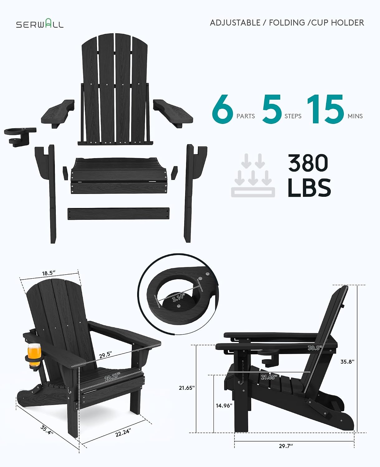 SERWALL Folding Adirondack Chair Set of 2, Adjustable Adirondack Chair with 3 Recline Positions, All Weather HDPE Outdoor Adirondack with Cup Holders, Black