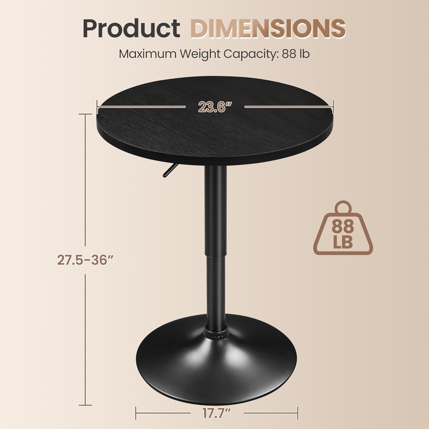 Yaheetech Round Bar Table, Adjustable Height and 360° Swivel Bar Tables, Cocktail Table with MDF Top, Black Leg Base for Bar, Bistro, Café, Full Black