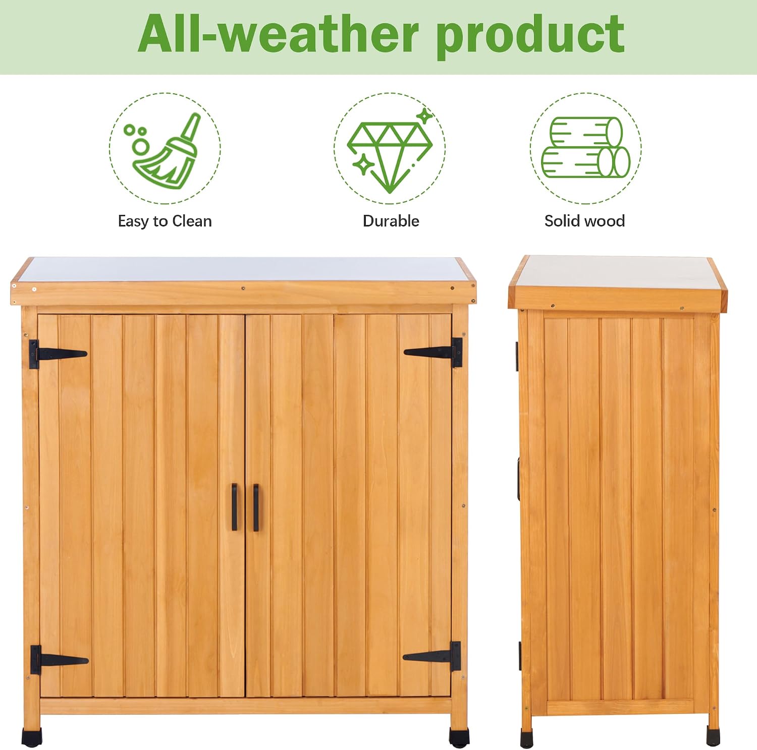 Potting Bench Table, Wooden Storage Cabinet with Removable Shelf, Metal-Plated Tabletop, Light Brown, 36x31x19 in, for Backyard Patio Lawn Gardening