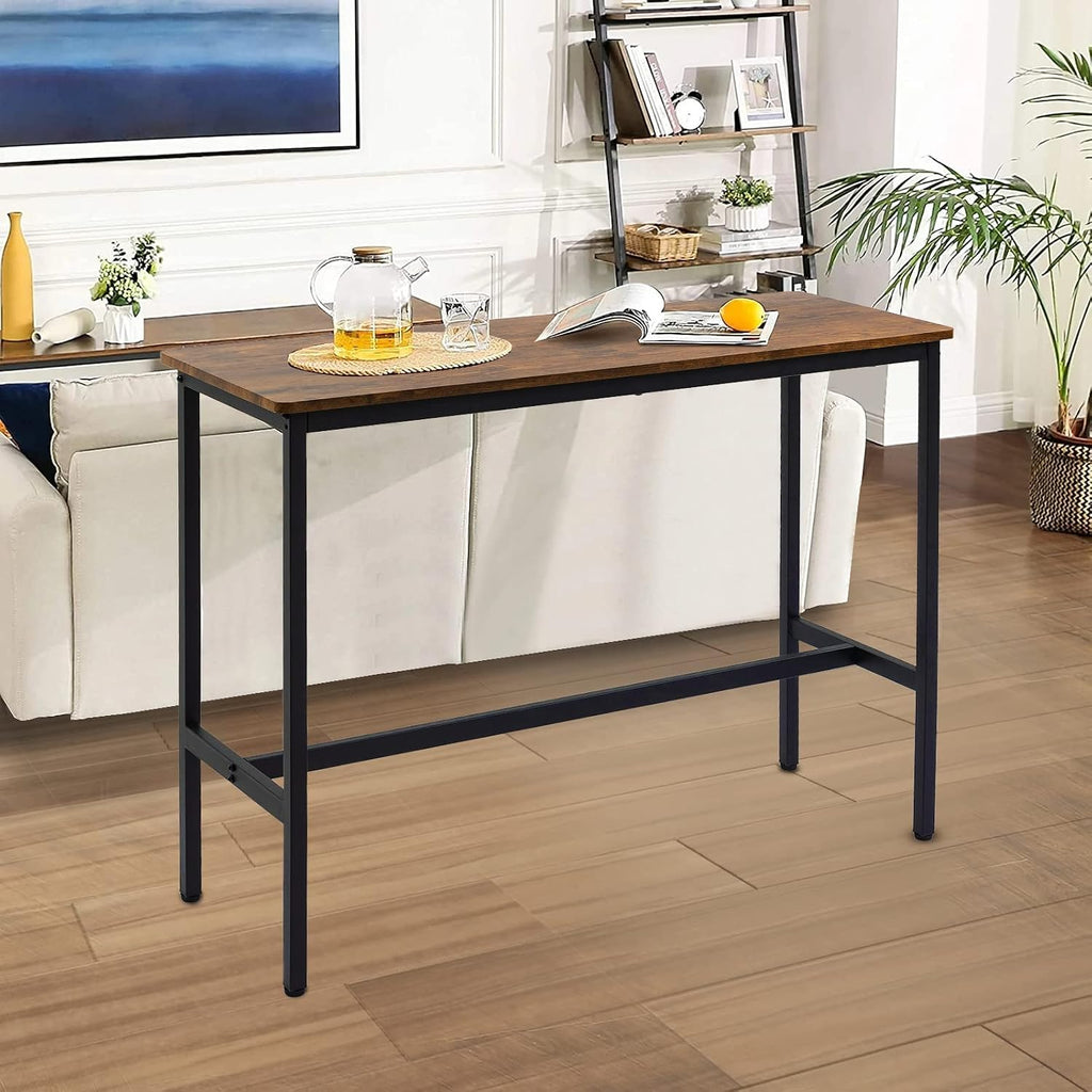 44.5" Bar Table, Pub Table with Adjustable Feet Floor Protector, Narrow Rectangular Kitchen Counter Bar Tables, Sofa High Top Tables with Black Metal Legs, Rustic Brown